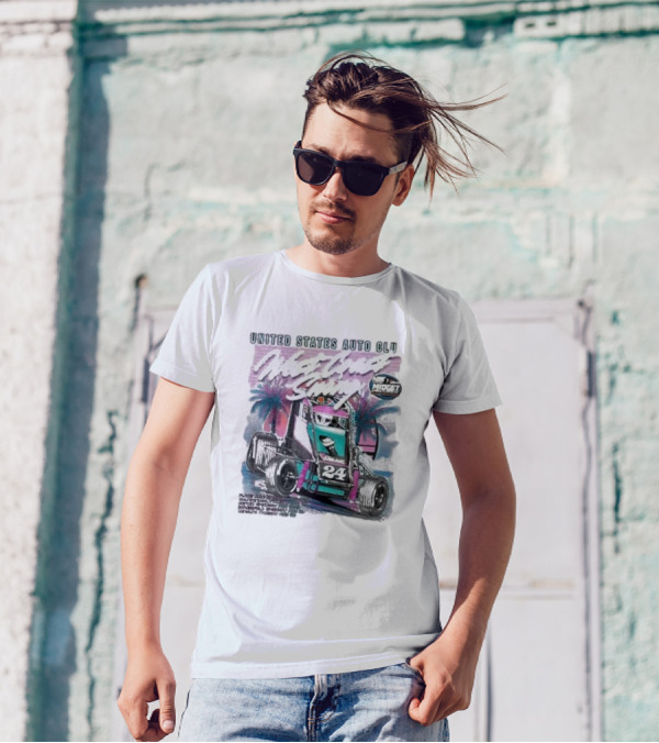 United States Auto Club West Coast Swing National Midget Racing 24 Palm Tree Background T-Shirt