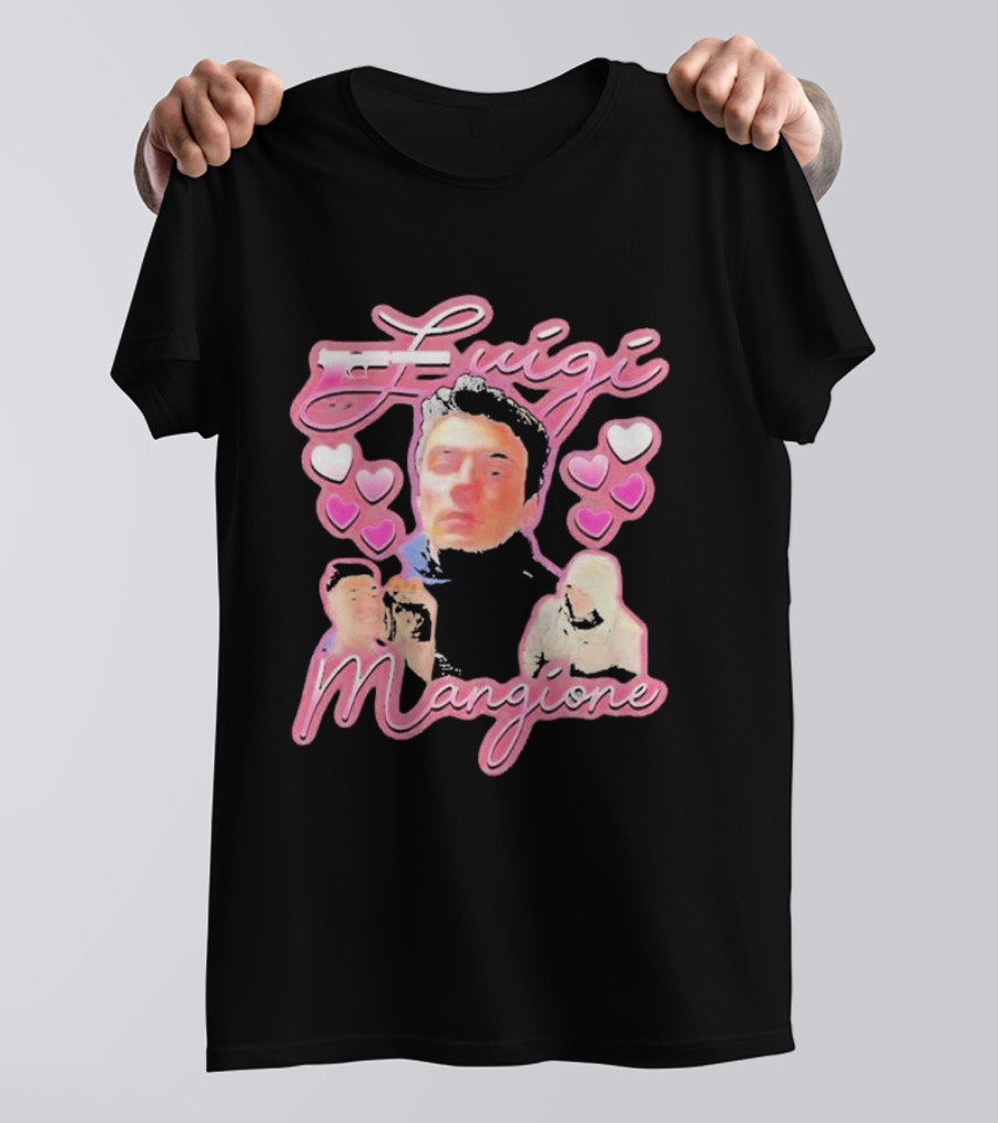 Luigi Mangione Pink Hearts And Portraits T-Shirt