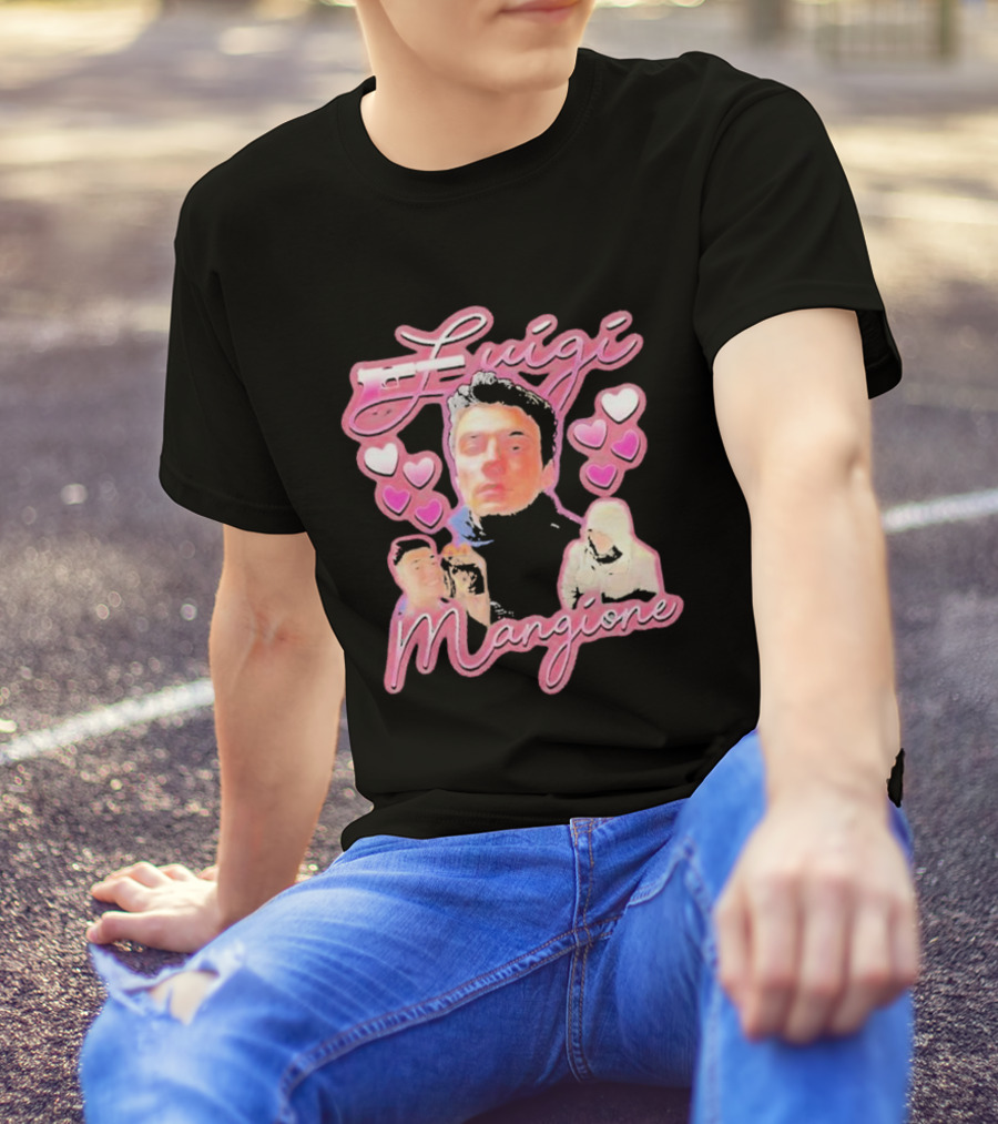 Luigi Mangione Pink Hearts And Portraits T-Shirt