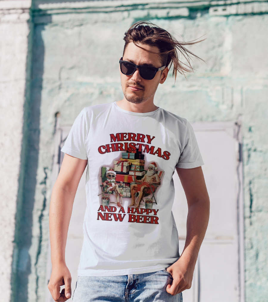 Merry Christmas And A Happy New Beer Skeleton Santa And Elf With Gifts T-Shirt