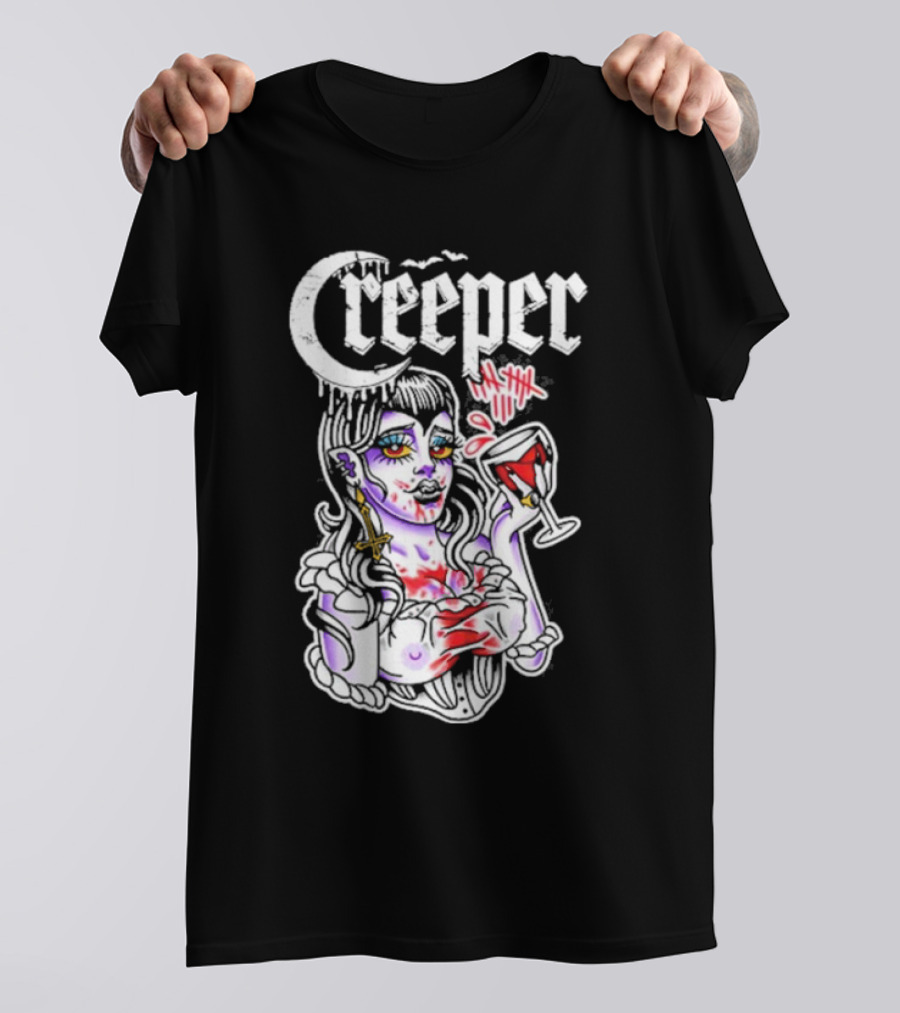 Creeper Vampire Lady With Wine Glass And Blood Splatter T-Shirt
