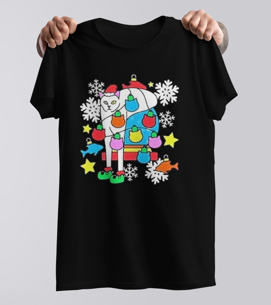 Weird Little Holiday Cat With Santa Hat And Colorful Baubles Christmas T-Shirt