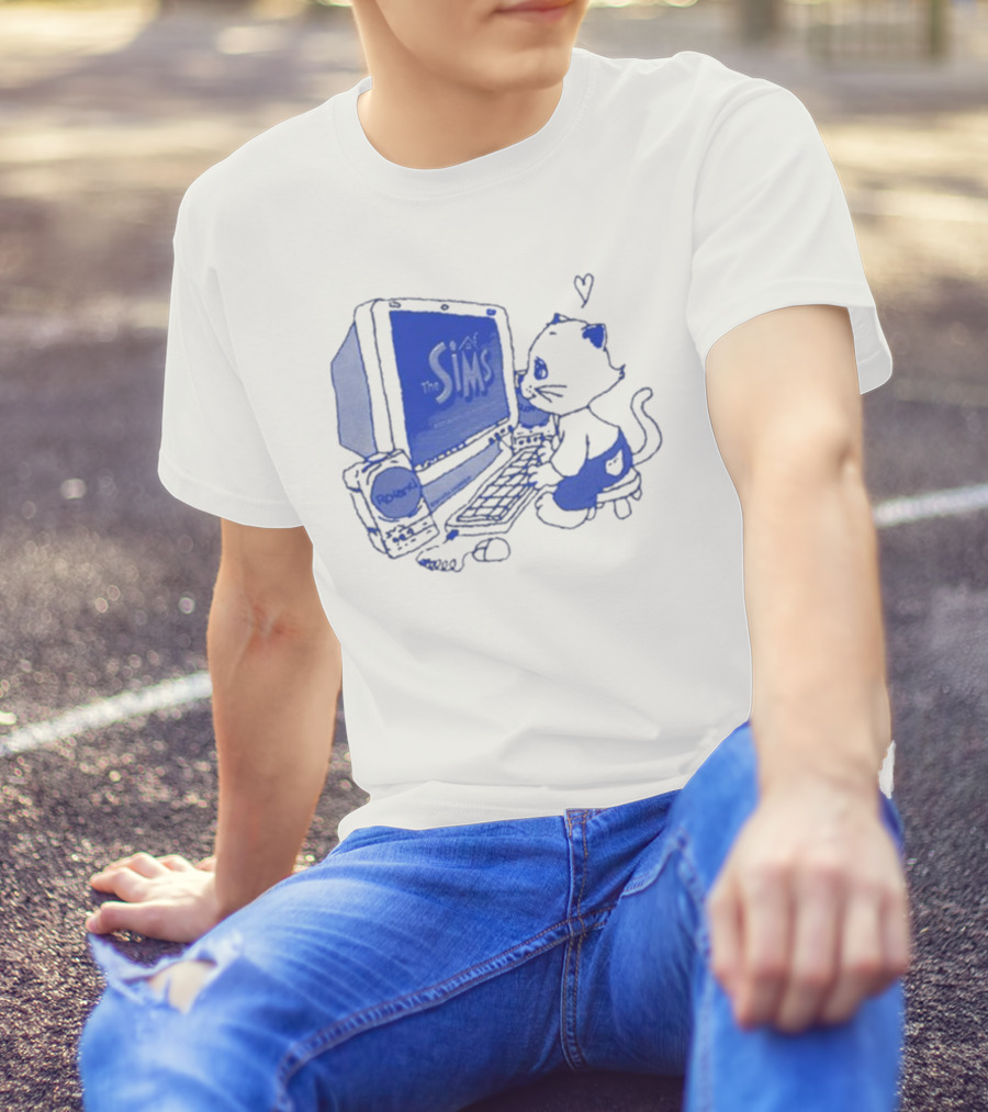 The Sims Loading Screen Cat Computer 90s Nostalgia Blue Graphics T-Shirt