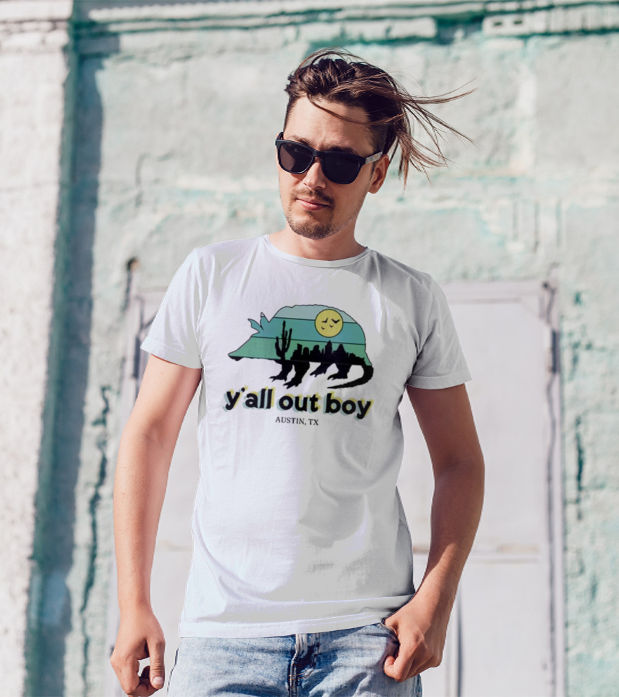 Y'all Out Boy Armadillo Austin TX Blue Gold Cactus Moon Skyline T-Shirt