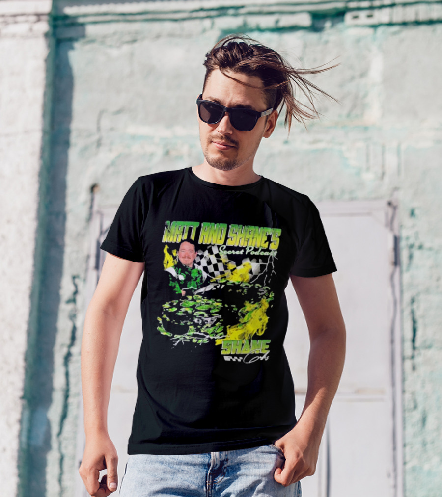 Matt And Shane's Secret Podcast Racing Theme With Flames And Checkered Flag T-Shirt