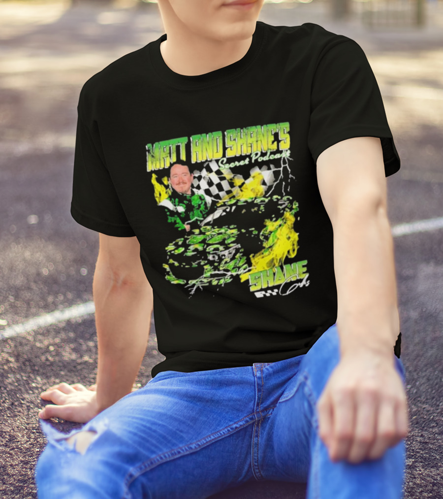 Matt And Shane's Secret Podcast Racing Theme With Flames And Checkered Flag T-Shirt