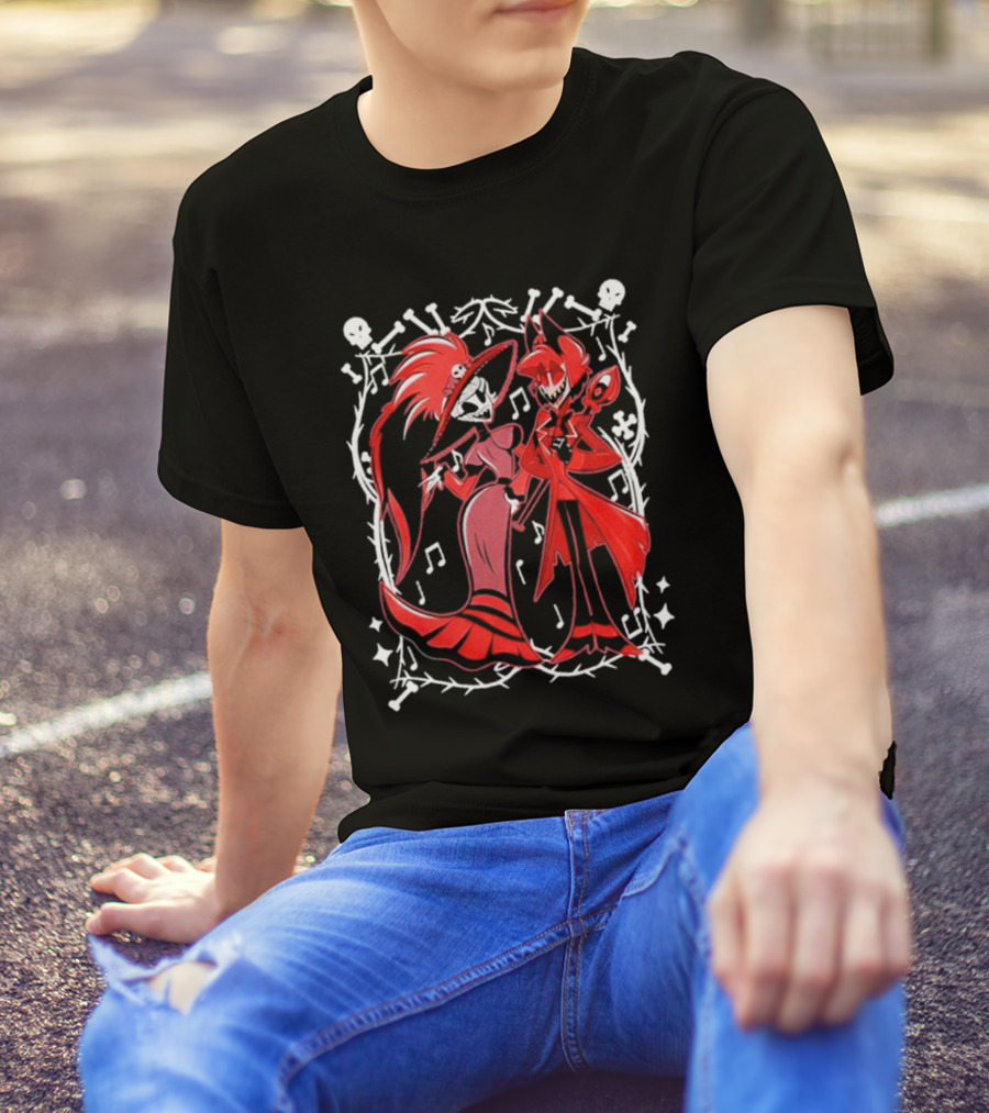 Hazbin Hotel Rosie And Alastor With Musical Notes And Skull Border T-Shirt