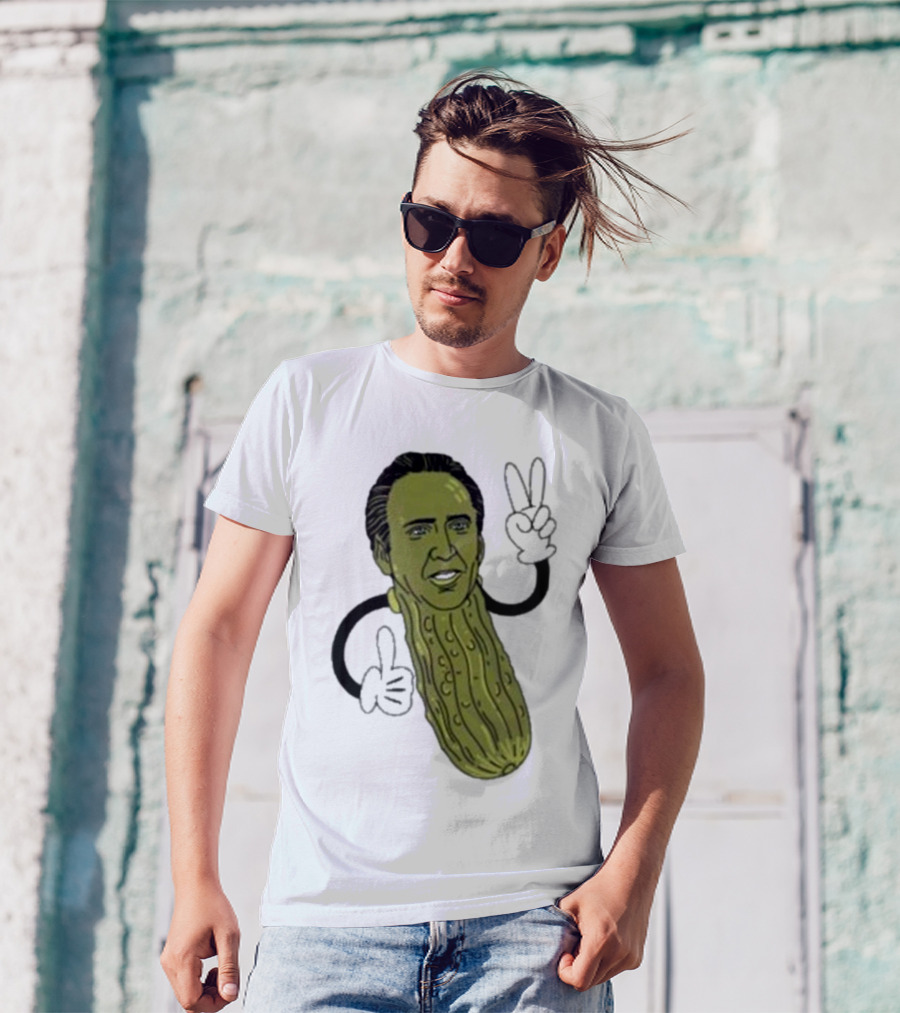 Picolas Cage Nick Cage Pickle Character With Peace Sign Christmas T-Shirt