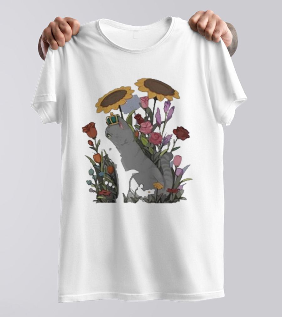 Jellie Floral Cat With Crown And Sunflowers In Garden T-Shirt