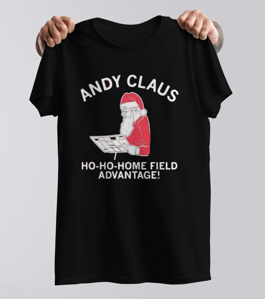Andy Claus Santa In KC Hat With Playbook Ho Ho Home Field Advantage T-Shirt