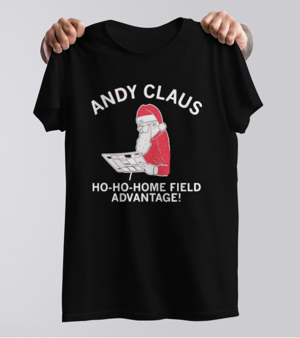 Andy Claus Santa In KC Hat With Playbook Ho Ho Home Field Advantage T-Shirt