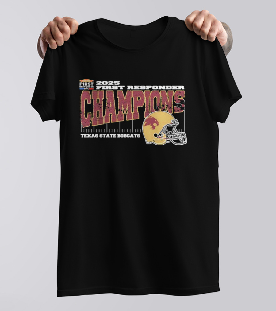 2025 Texas State Bobcats First Responder Bowl Champions Vintage Style Helmet College Football T-Shirt