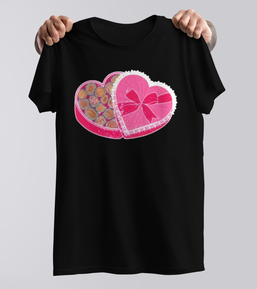 Living Fully Co Heart-Shaped Box Of Chocolates With Pink Bow And Lace Trim T-Shirt