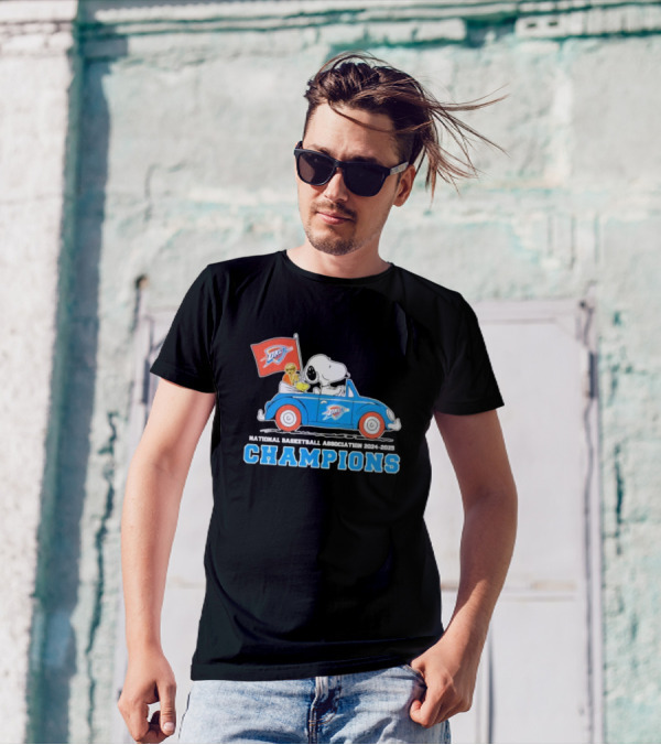 Snoopy Woodstock Peanuts Driving Car NBA Champions 2024 2025 OKC T-Shirt