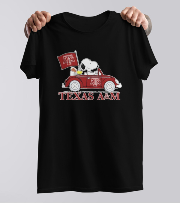 Snoopy Woodstock Driving Texas A&M Car Peanuts T-Shirt