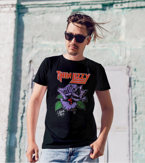 Thin Lizzy Black Rose With Purple Flower And Green Leaves T-Shirt