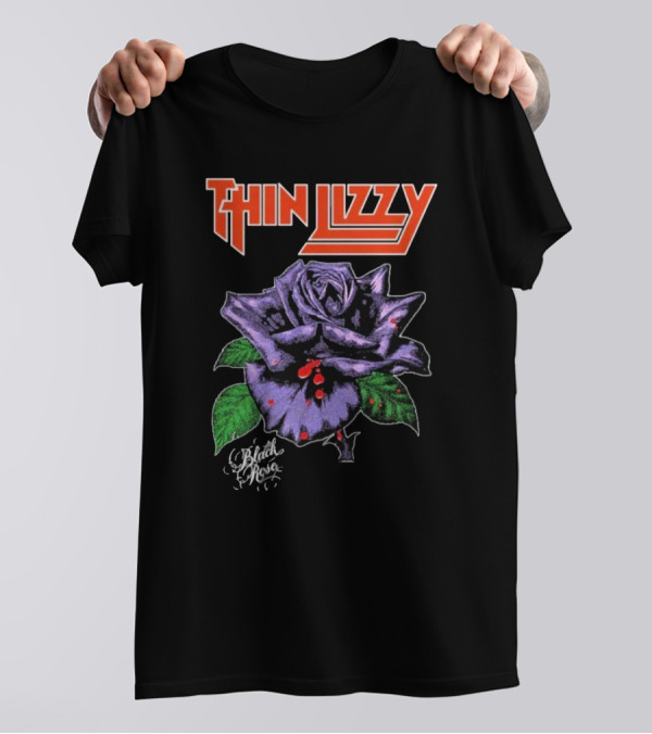 Thin Lizzy Black Rose With Purple Flower And Green Leaves T-Shirt