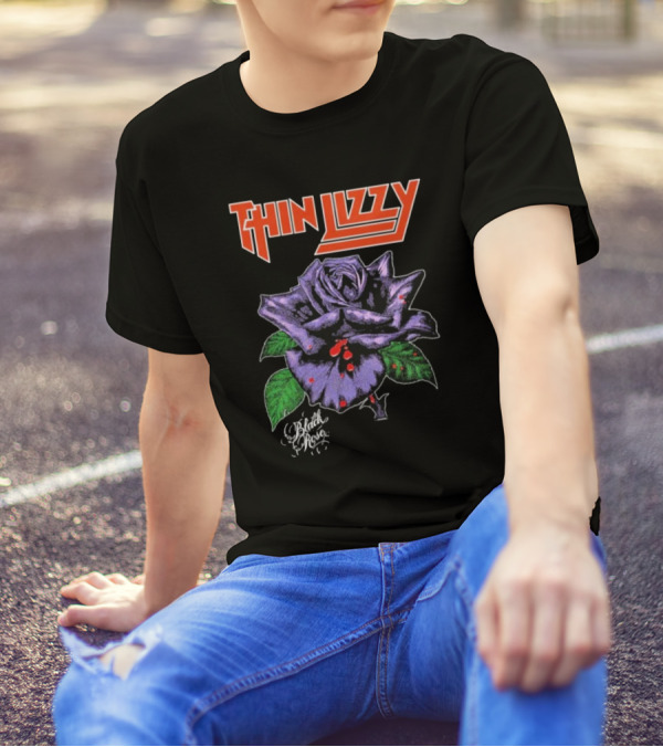 Thin Lizzy Black Rose With Purple Flower And Green Leaves T-Shirt