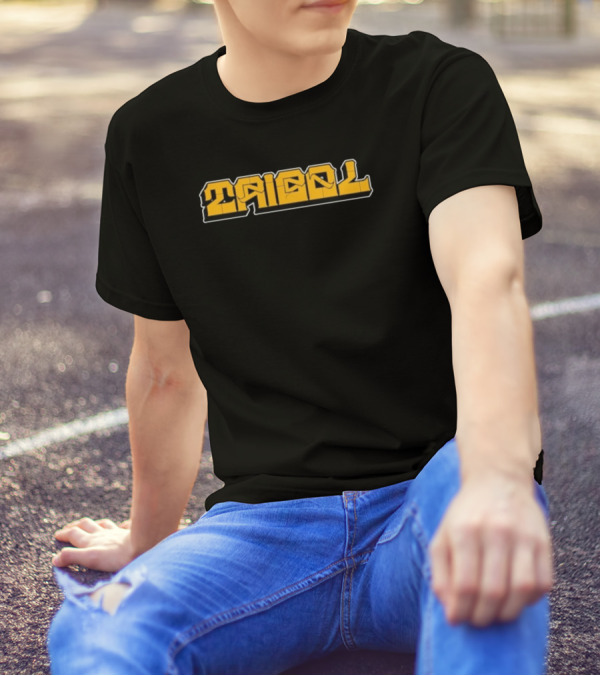 Tribal Gear Victim Gold Graffiti Font Bold Yellow Text T-Shirt