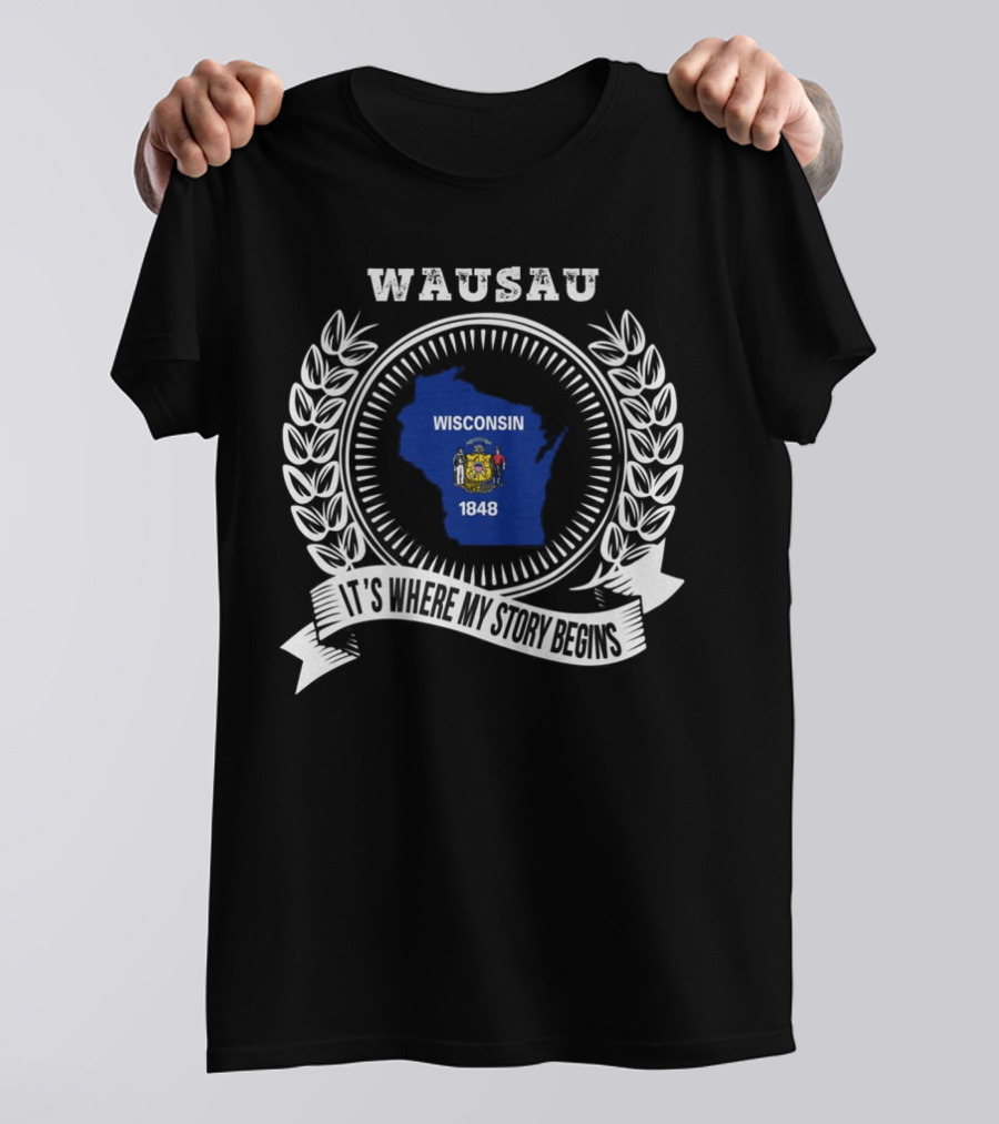 WAUSAU Wisconsin 1848 State Outline Emblem T-Shirt
