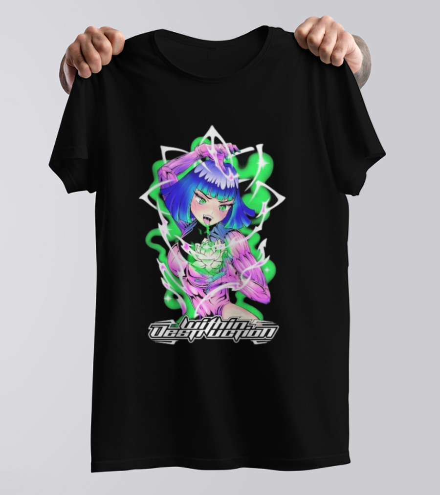 Within Destruction Lotus Anime Neon Girl With White Flower T-Shirt