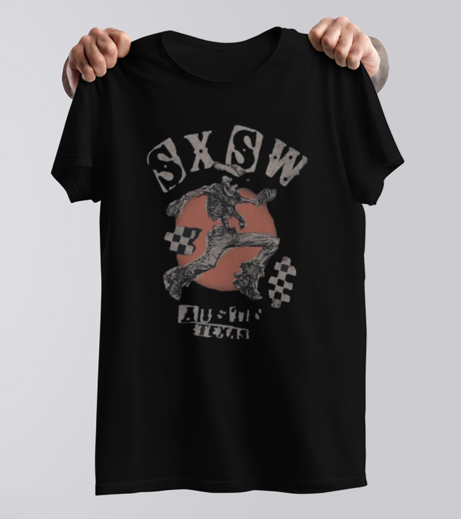 SXSW Bones Running Skeleton Austin Texas Checkered Flag Theme T-Shirt