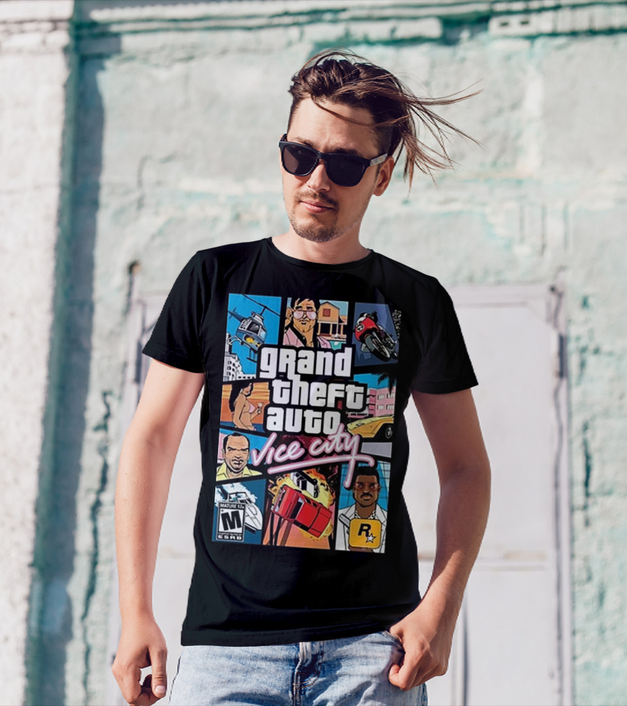 Grand Theft Auto Vice City Game Cover Art Helicopter Motorcycle Car Explosion R Star Logo T-Shirt
