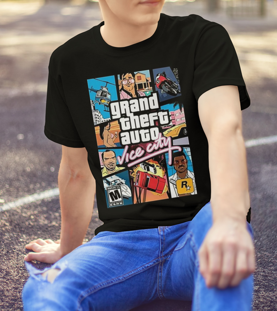 Grand Theft Auto Vice City Game Cover Art Helicopter Motorcycle Car Explosion R Star Logo T-Shirt