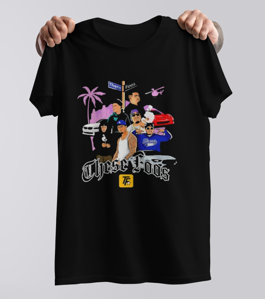 These Foos Street Style San Andreas Characters Palm Tree Helicopter Cars T-Shirt