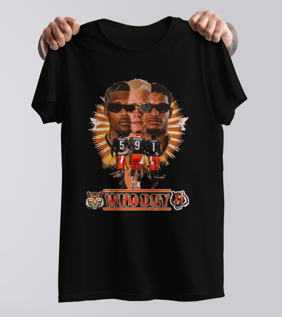Who Dey Cincinnati Bengals 2025 Signatures Higgins Burrow Chase T-Shirt