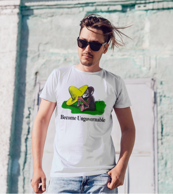 Become Ungovernable Curious Monkey Yellow Hat Sitting On Grass T-Shirt