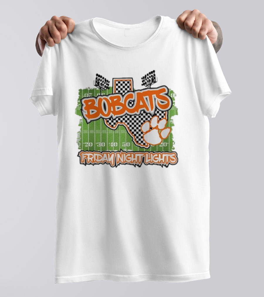 Bobcats Friday Night Lights Texas Football Paw Print Field Checkerboard T-Shirt