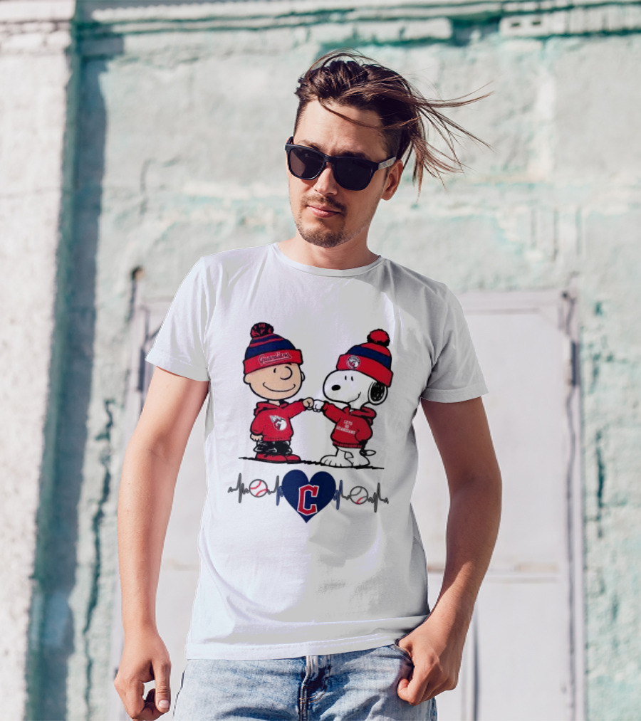 Charlie Brown Snoopy Cleveland Guardians Heartbeat Guardians Cap And T-Shirt