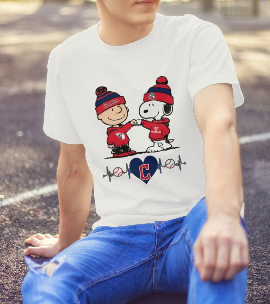 Charlie Brown Snoopy Cleveland Guardians Heartbeat Guardians Cap And T-Shirt