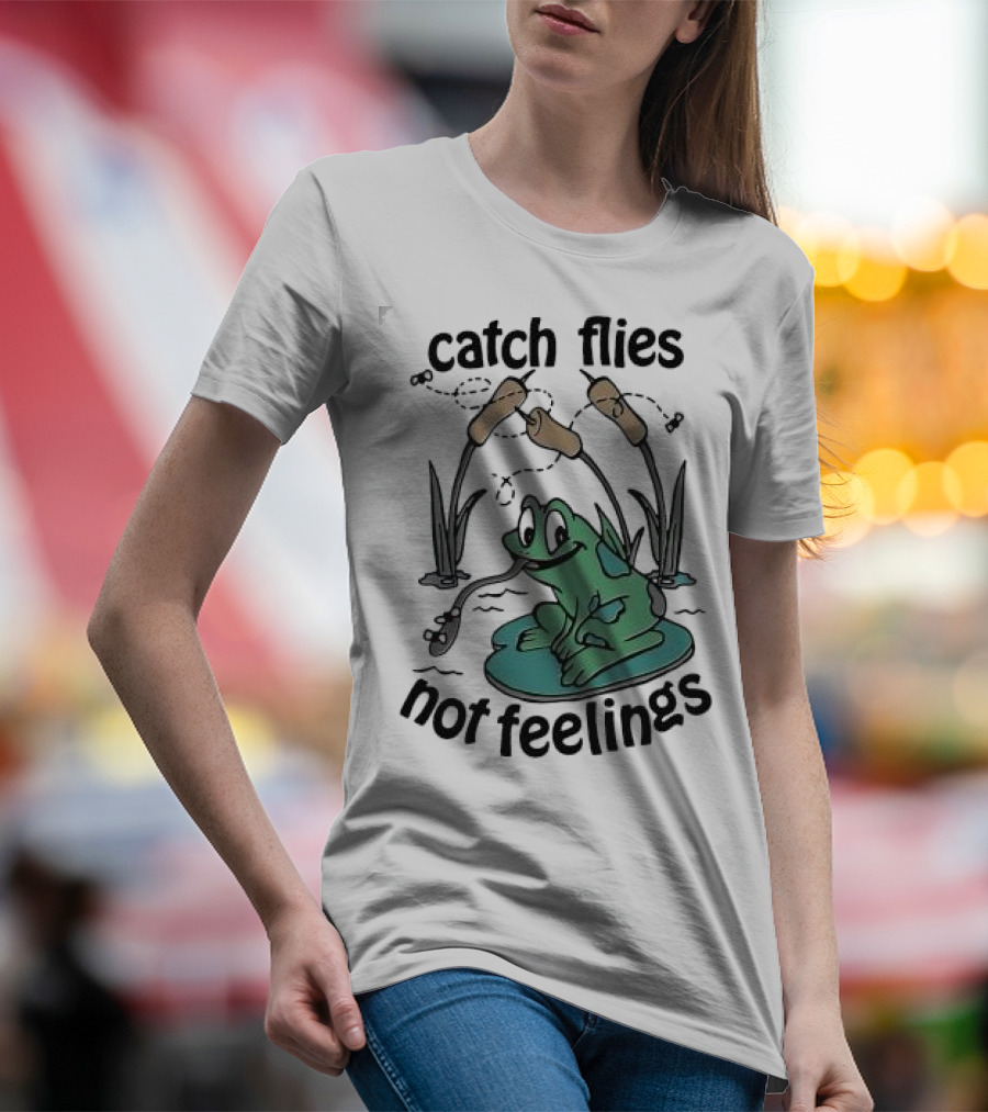 Catch Flies Not Feelings Frog On Lily Pad With Swirling Flies T-Shirt