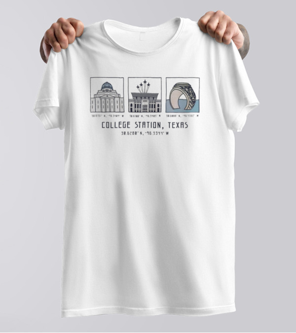 College Station Texas Landmark Icons With Latitude And Longitude Coordinates T-Shirt