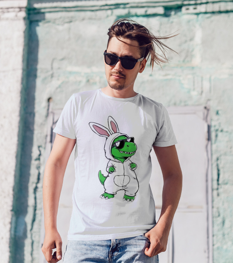 Cool Dino Wearing Easter Bunny Rabbit Costume With Sunglasses T-Shirt