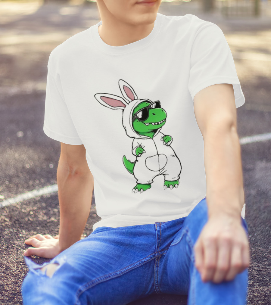 Cool Dino Wearing Easter Bunny Rabbit Costume With Sunglasses T-Shirt