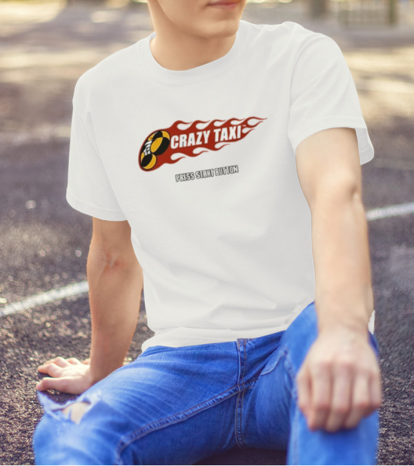 Crazy Taxi Press Start Button Iconic Video Game Flames Graphic T-Shirt