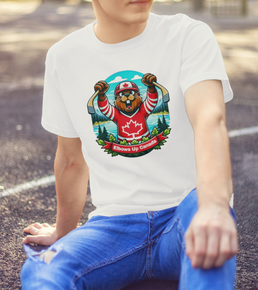 Elbows Up Canada Beaver Mascot Hockey Celebration Canadian Maple Leaf Forest T-Shirt