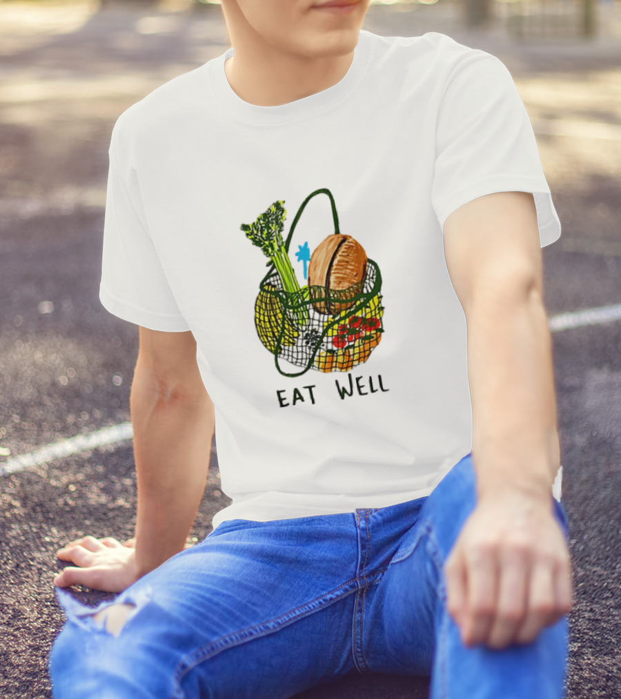 Eat Well Groceries In Mesh Bag With Baguette Broccoli Tomato T-Shirt