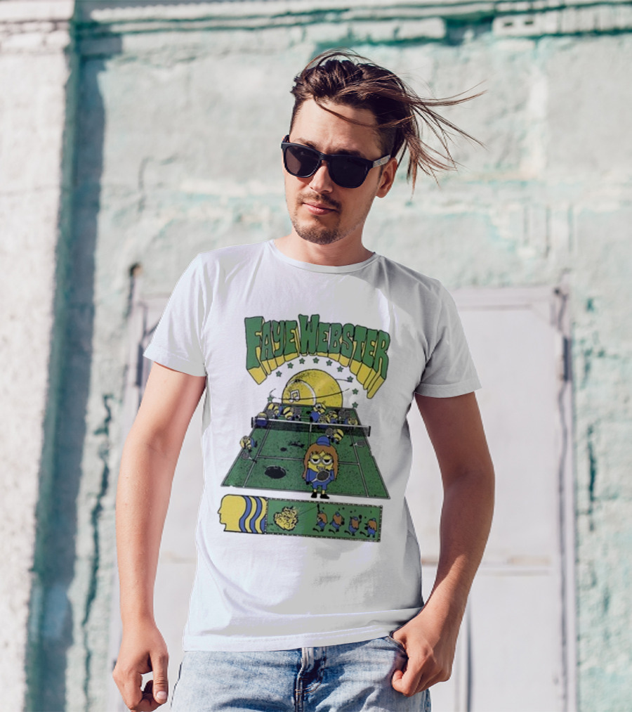 Faye Webster Brain Dead Tennis Court Scene With Yellow Characters And Sports Imagery T-Shirt