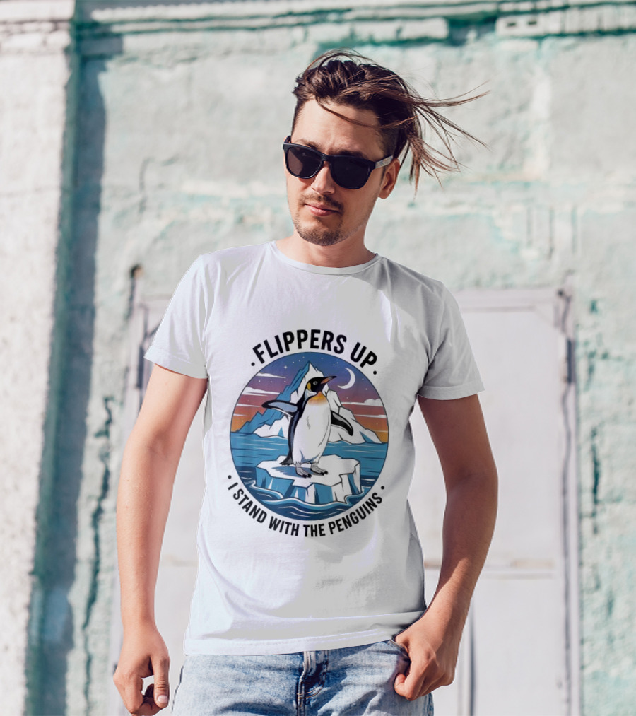 Flippers Up I Stand With The Penguins Iceberg Sunset Scene T-Shirt