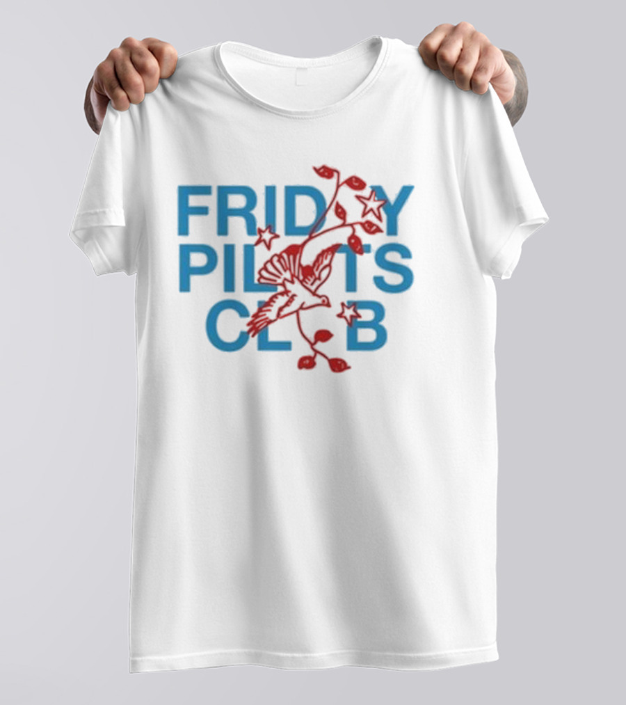 Friday Pilots Club Dove Red Bird Flowers Blue Text T-Shirt