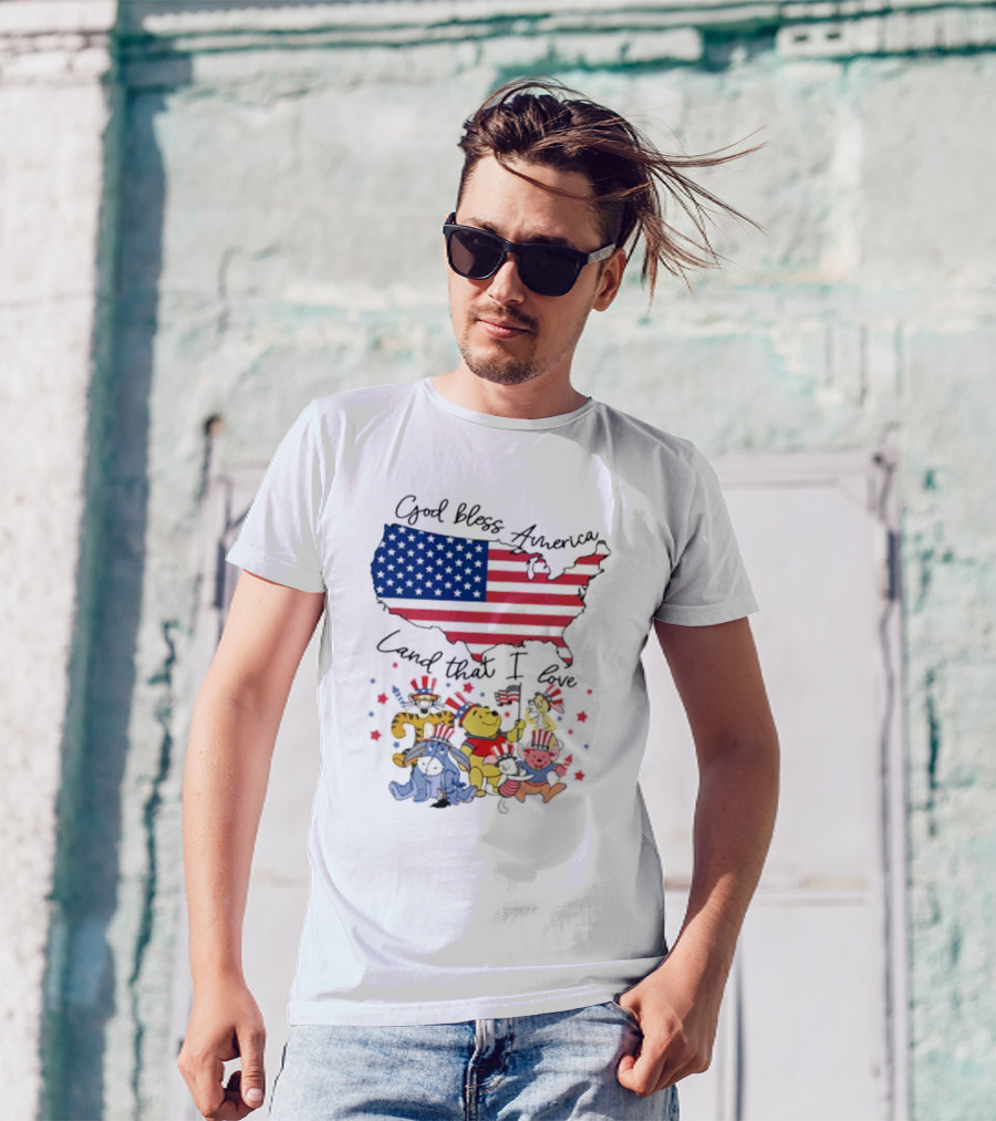 God Bless America Land That I Love Winnie The Pooh USA Flag T-Shirt