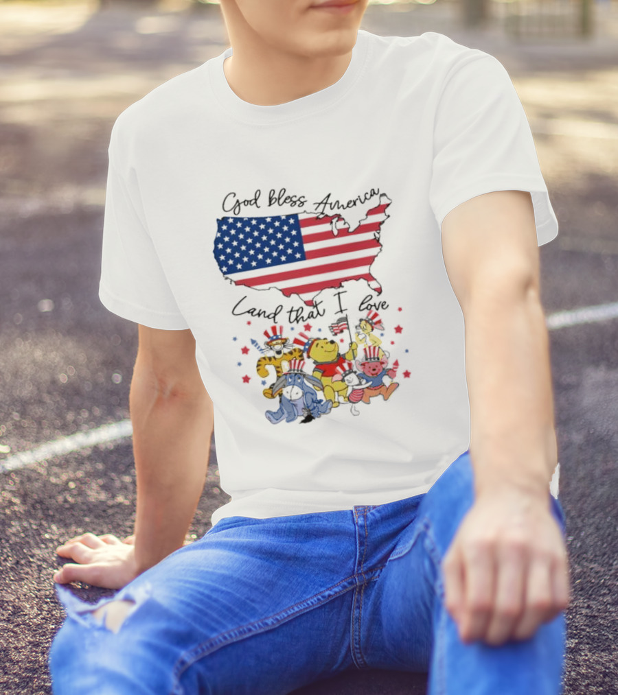 God Bless America Land That I Love Winnie The Pooh USA Flag T-Shirt