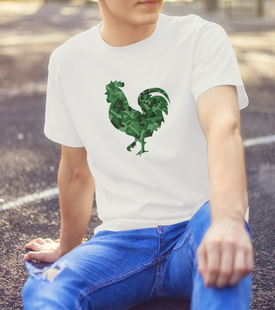 Chicken Camo Rooster Silhouette In Green Camouflage T-Shirt