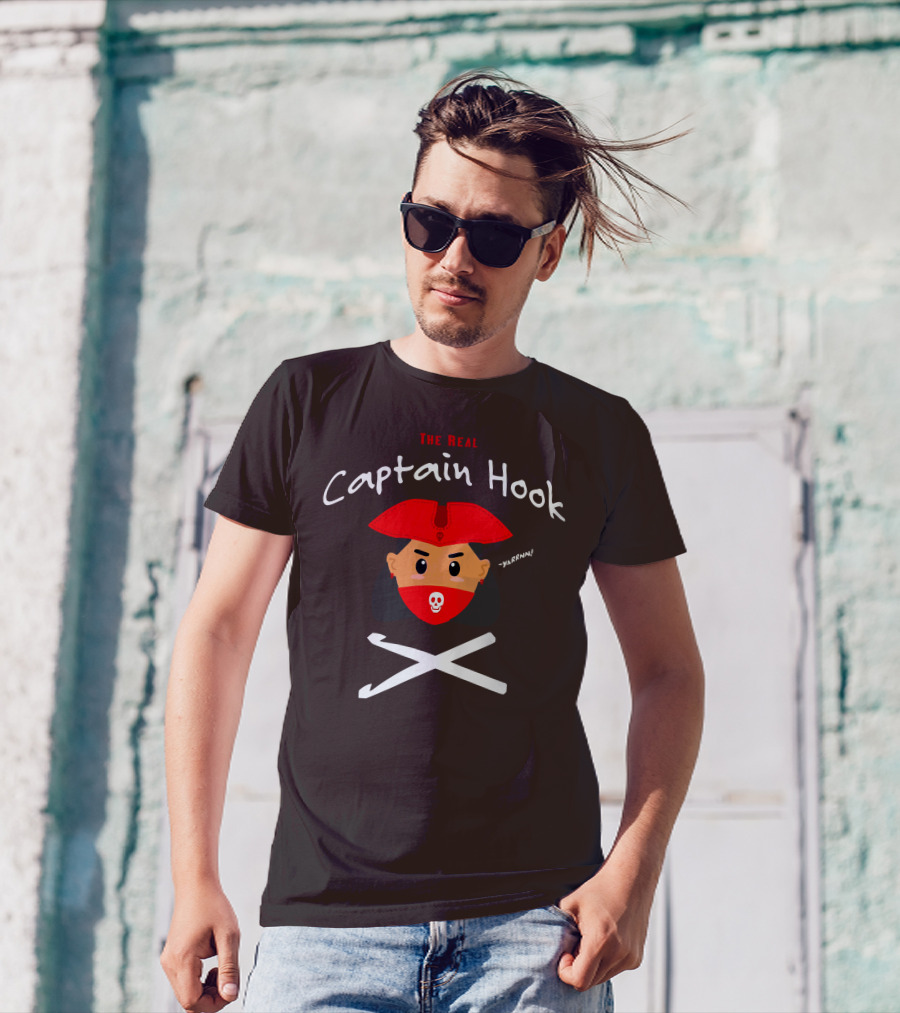 The Real Captain Hook Yarrnn Skull Red Hat Pirate Face Crossed Needles T-Shirt