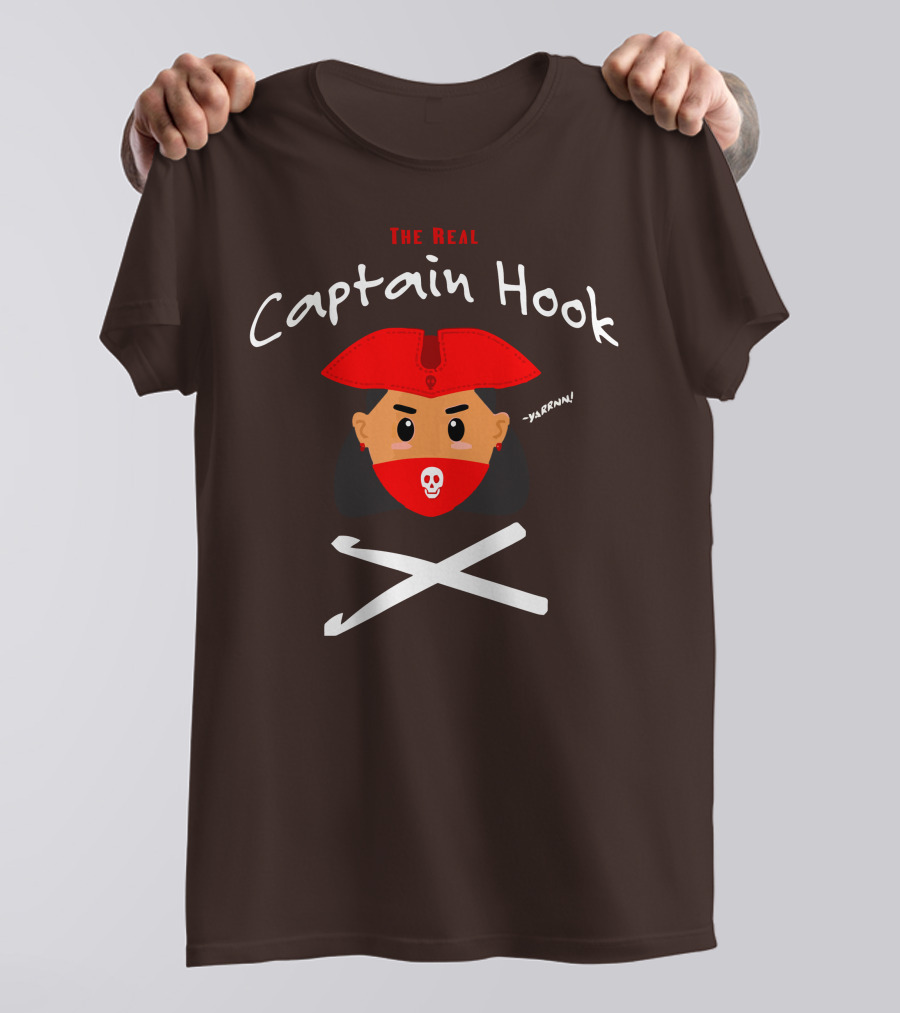 The Real Captain Hook Yarrnn Skull Red Hat Pirate Face Crossed Needles T-Shirt
