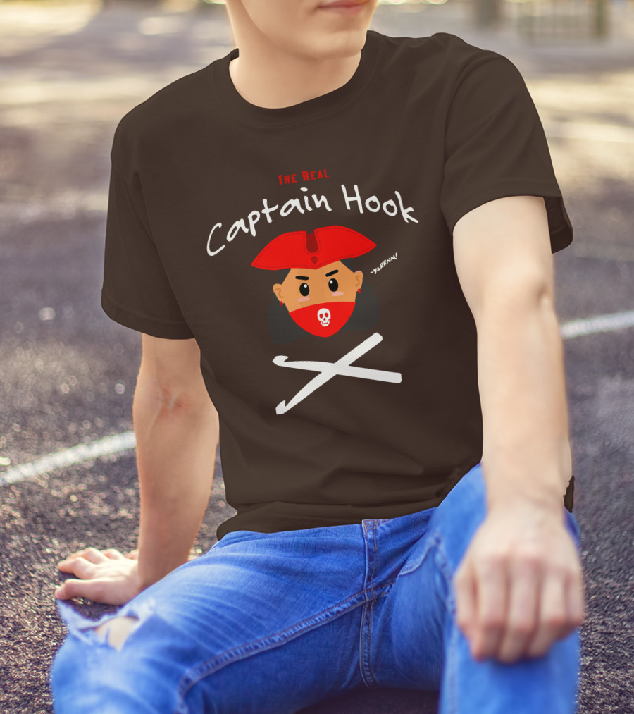 The Real Captain Hook Yarrnn Skull Red Hat Pirate Face Crossed Needles T-Shirt